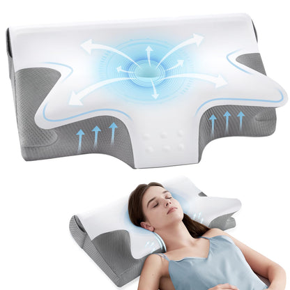 Effective Pain Relief Cervical Neck Pillow for Sleeping, Memory Foam Pillows for Neck Support, Odorless Contour Side Pillow, Ergonomic Bed Pillow for Back Stomach Sleeper (Grey and White)