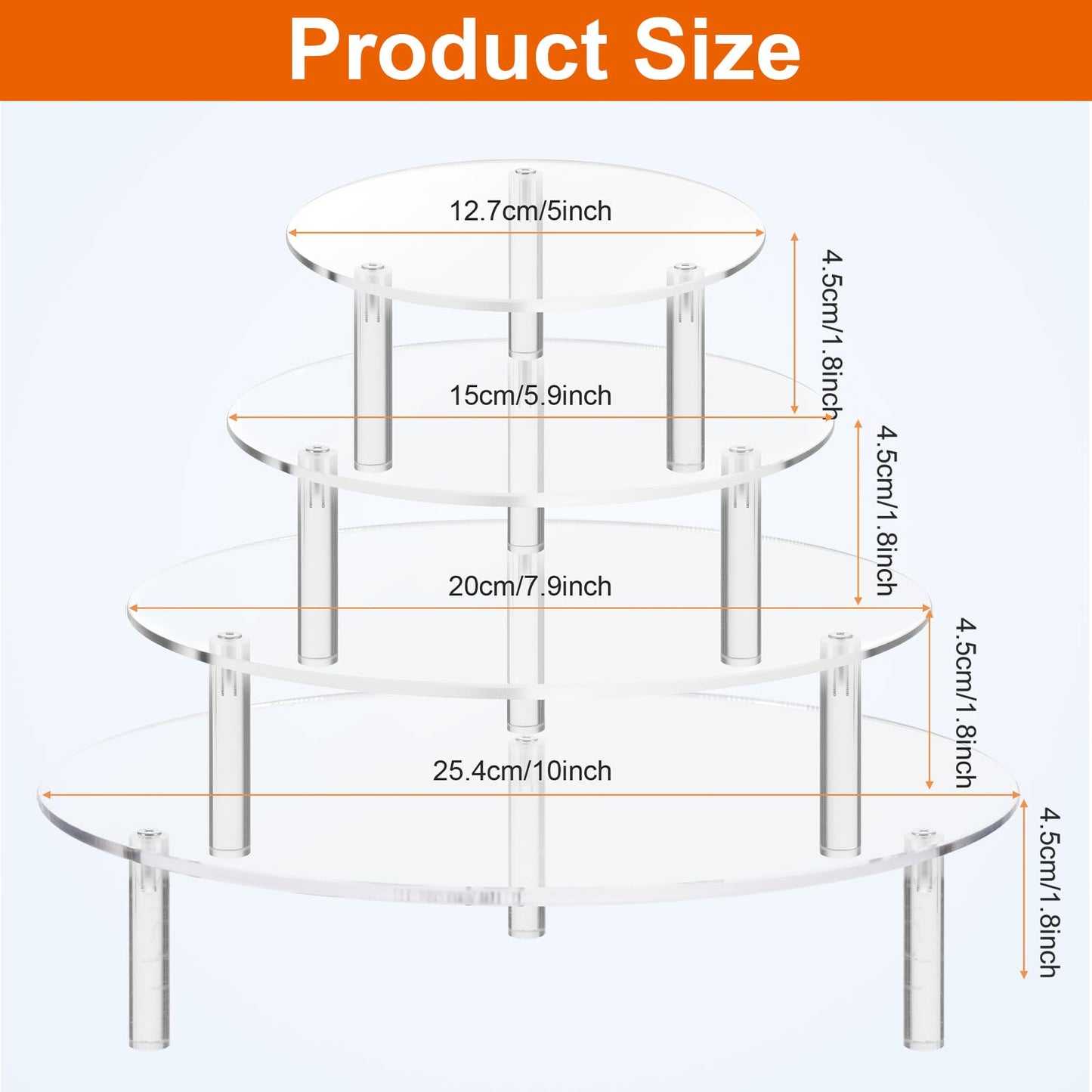 4 Pcs Round Acrylic Display Riser Clear Round Stands Pedestal Riser Board for Cake Plant Dessert Jewelry Collectibles Cupcakes Figures Organizer Home Decor Wedding Birthday Party(5'', 6'',8'',10'')