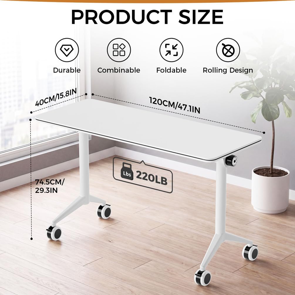 STEHEMO Folding Conference Room Tables, Conference Table with Wheels, Modern Modular Mobile Training Table, Flip Top Meeting Table, Space Saving, for Seminar, Office, Classroom,47IN,8