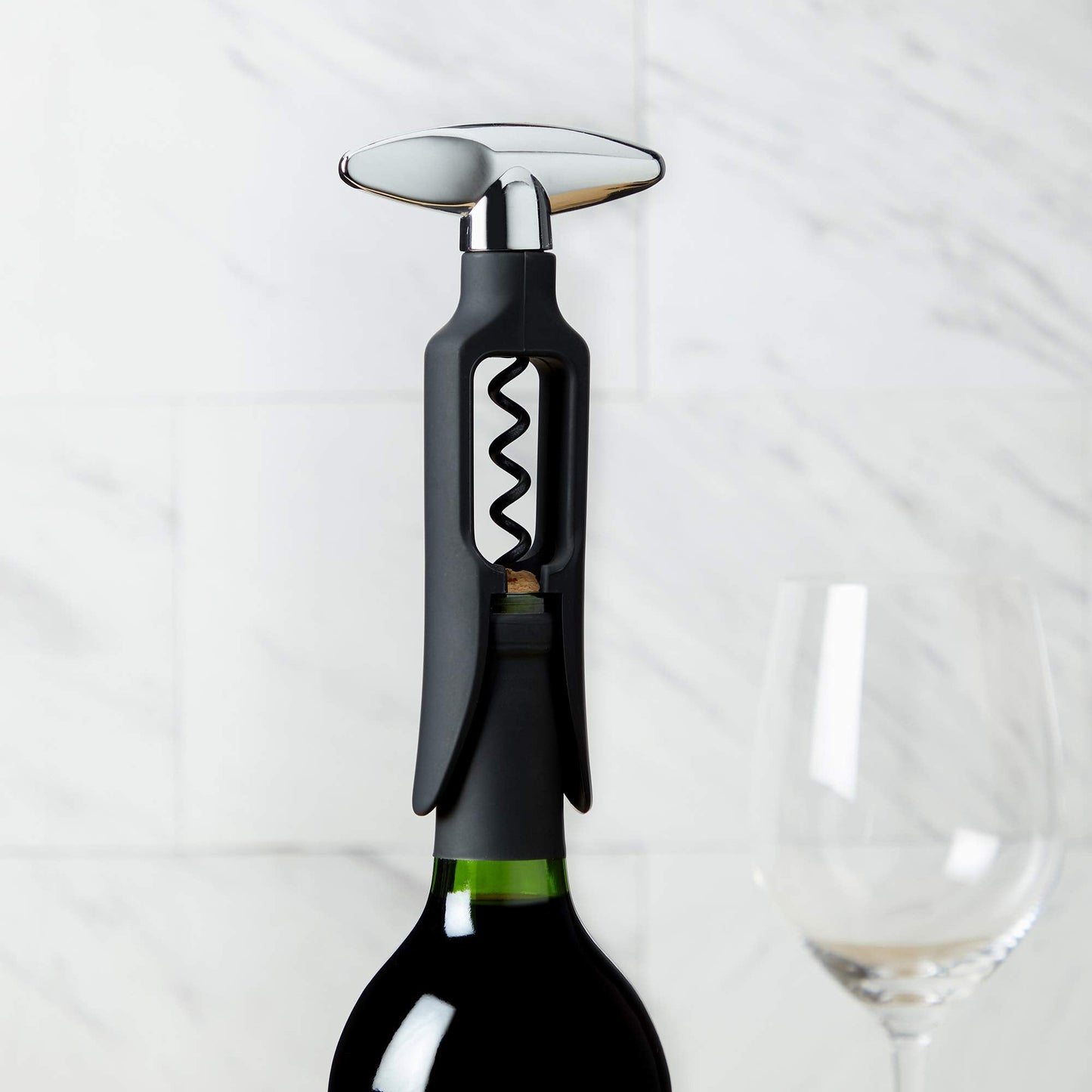 True Self Pulling Corkscrew Wine Opener, Durable Plastic with Easy Turn Chrome Handle, Wine Bottle Opener for Bartenders, Home Bar Tools, Bar Cart Accessories, Kitchen Essentials, Set of 1, Black