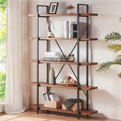 HSH 5 Tier Solid Wood Bookshelf, Natural Real Wood Bookcase, Industrial Rustic Vintage Etagere Bookshelf, Open Metal Farmhouse Solid Wooden Book Shelf, Distressed Brown