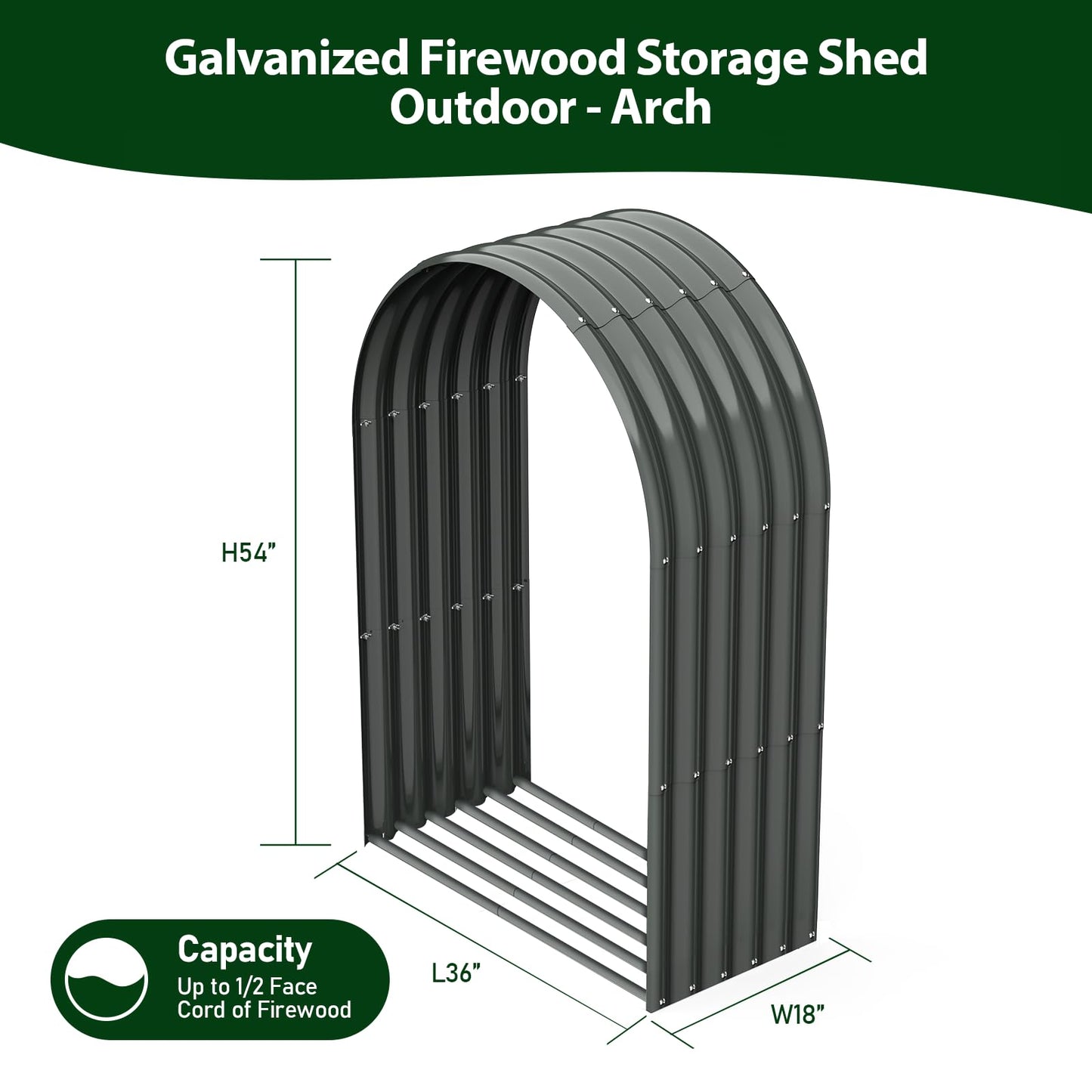 A ANLEOLIFE 2-Set Galvanized Steel Firewood Storage Rack with Weatherproof Corrugated Roof, Heavy Duty Outdoor Log Holder for Patio Porch Fire Pit, Arch Gray