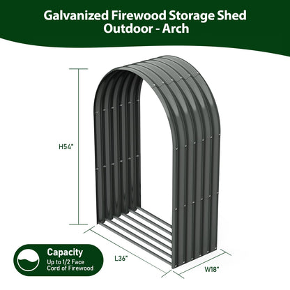A ANLEOLIFE 4-Set Galvanized Steel Firewood Storage Rack with Weatherproof Corrugated Roof, Heavy Duty Outdoor Log Holder for Patio Porch Fire Pit, Arch Gray