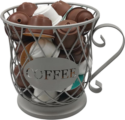 Coffee Pods Storage Basket - Silver Holder for 35 K Cup Organizer, Coffee Basket Decor for Coffee Bar Countertop