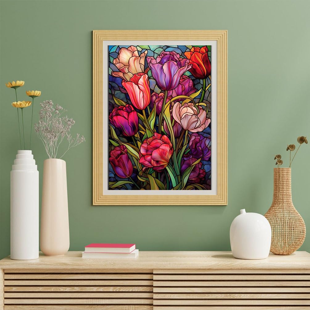 Tulips Diamond Art Painting Kits for Adults - Stained Glass Flower Round Full Drill Diamond Dots Paintings for Beginners, 5D Paint with Diamonds Pictures Gem Art Painting Kits DIY Crafts Project