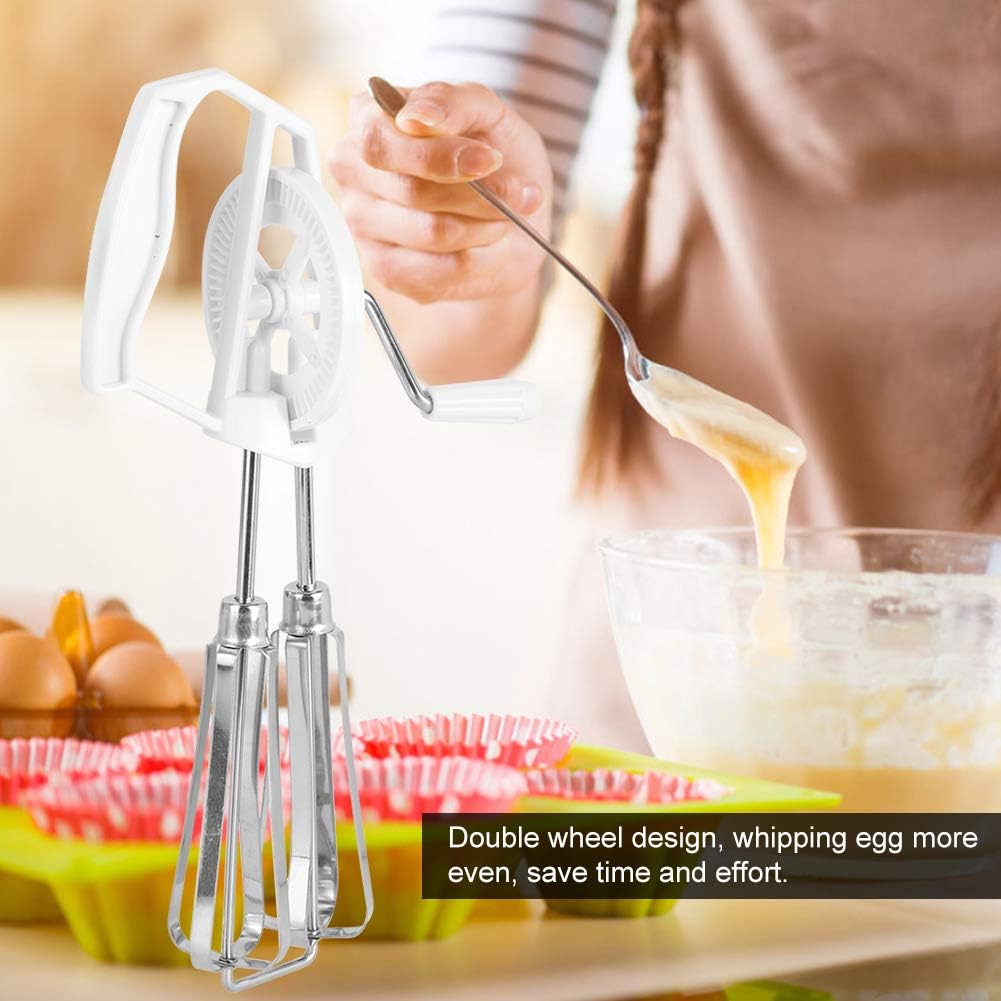 Egg Whisk, Manual Stainless Steel Hand Mixer with Double Wheel Design and Rotation Handle, White