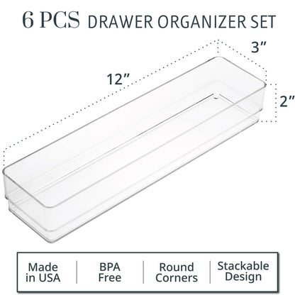 STORi SimpleSort 6-Piece Stackable Clear Drawer Organizer Set | 12" x 3" x 2" Rectangle Trays | Narrow Makeup Vanity Storage Bins and Office Desk Drawer Dividers | Made in USA