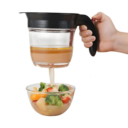 Fat Separator Cup with Bottom Release Button, Heat-Resistant Grease Separator for Gravy and Soup, 1L Oil Separator Measuring Cup with Handle, Easy Clean Kitchen Cooking Tool (Black)