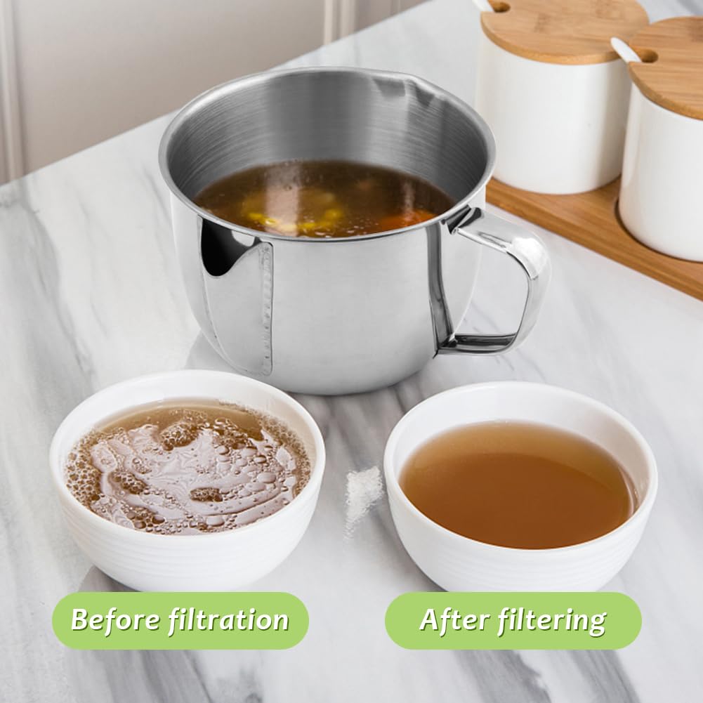 Stainless Steel Fat Separator with Strainer & Glass Lid, 1000ml Gravy Grease Separator for Soup, Stew, and Sauces,Two-Way Outlet, Multi-Use Kitchen Essential
