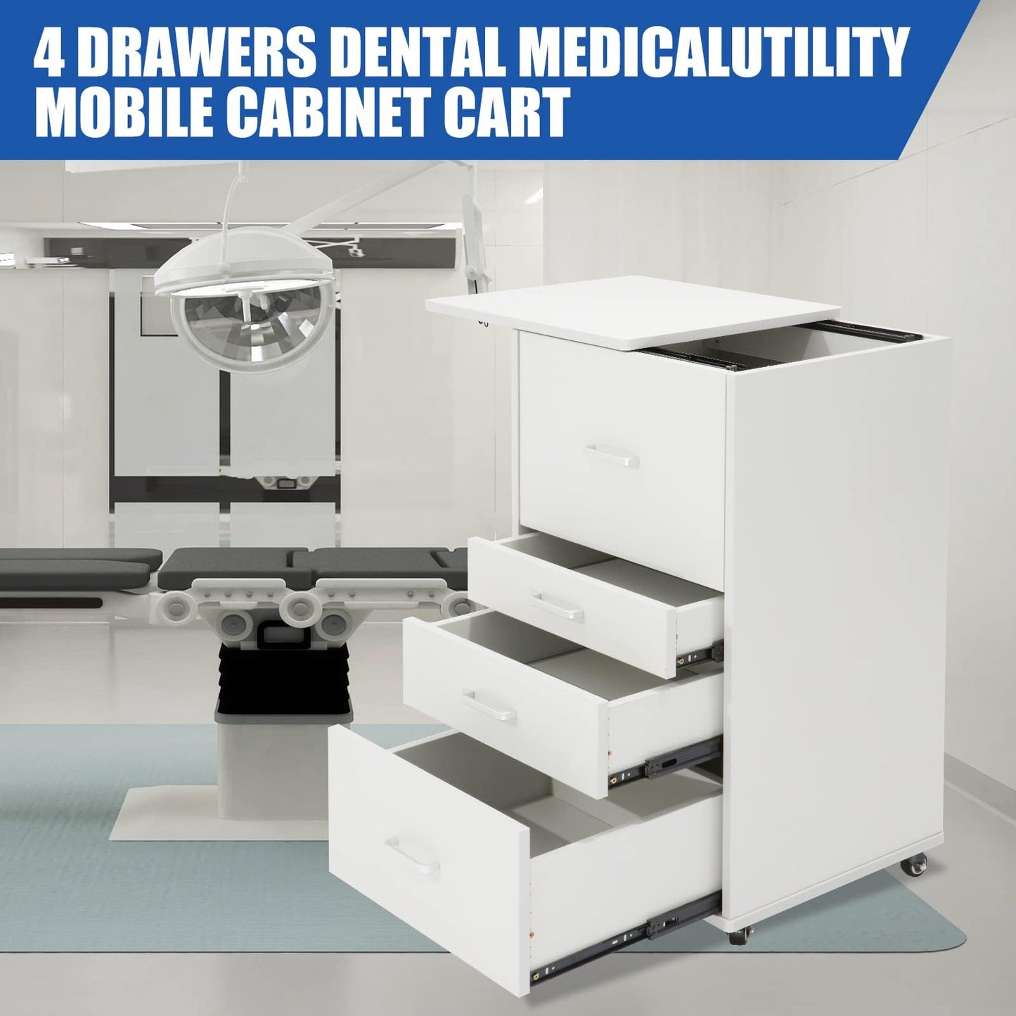 Medical Dental Assistant's Mobile Cabinet Alabama Cart Utility Cart 4 Drawer with Handle, Easy to Pull Out and Push Back.