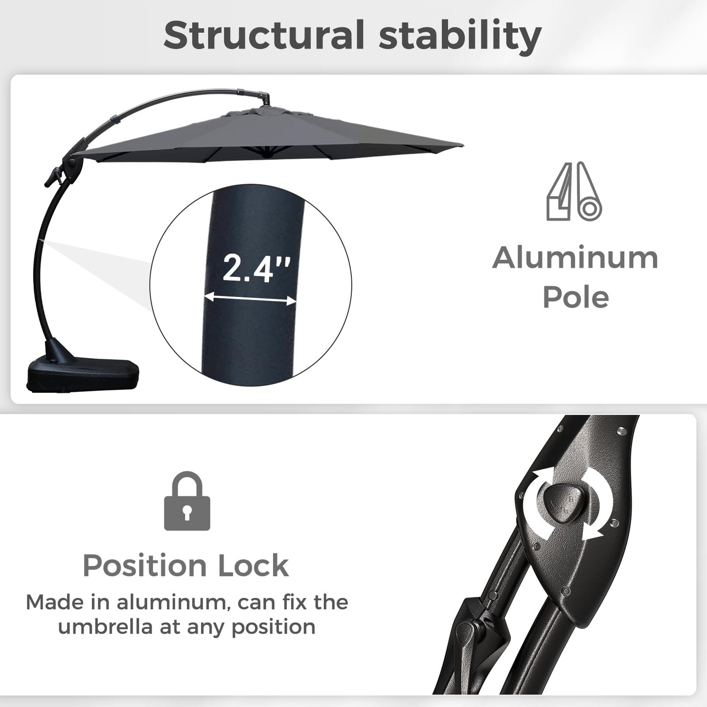 Grand patio 12 FT Patio Cantilever Umbrella Outdoor Large Round Aluminum Offset Umbrella Base Included for Deck Yard (Gray, 12 FT)