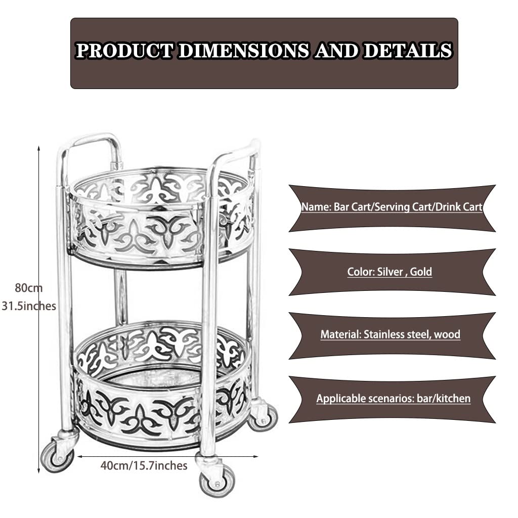 Bar Cart with Wheels High-end Restaurant Luxury Style Serving Cart, Portable Mobile Double Armrest Drink Cart, Banquet Service Equipment (Color : Gold, Size : 80 * 40cm)