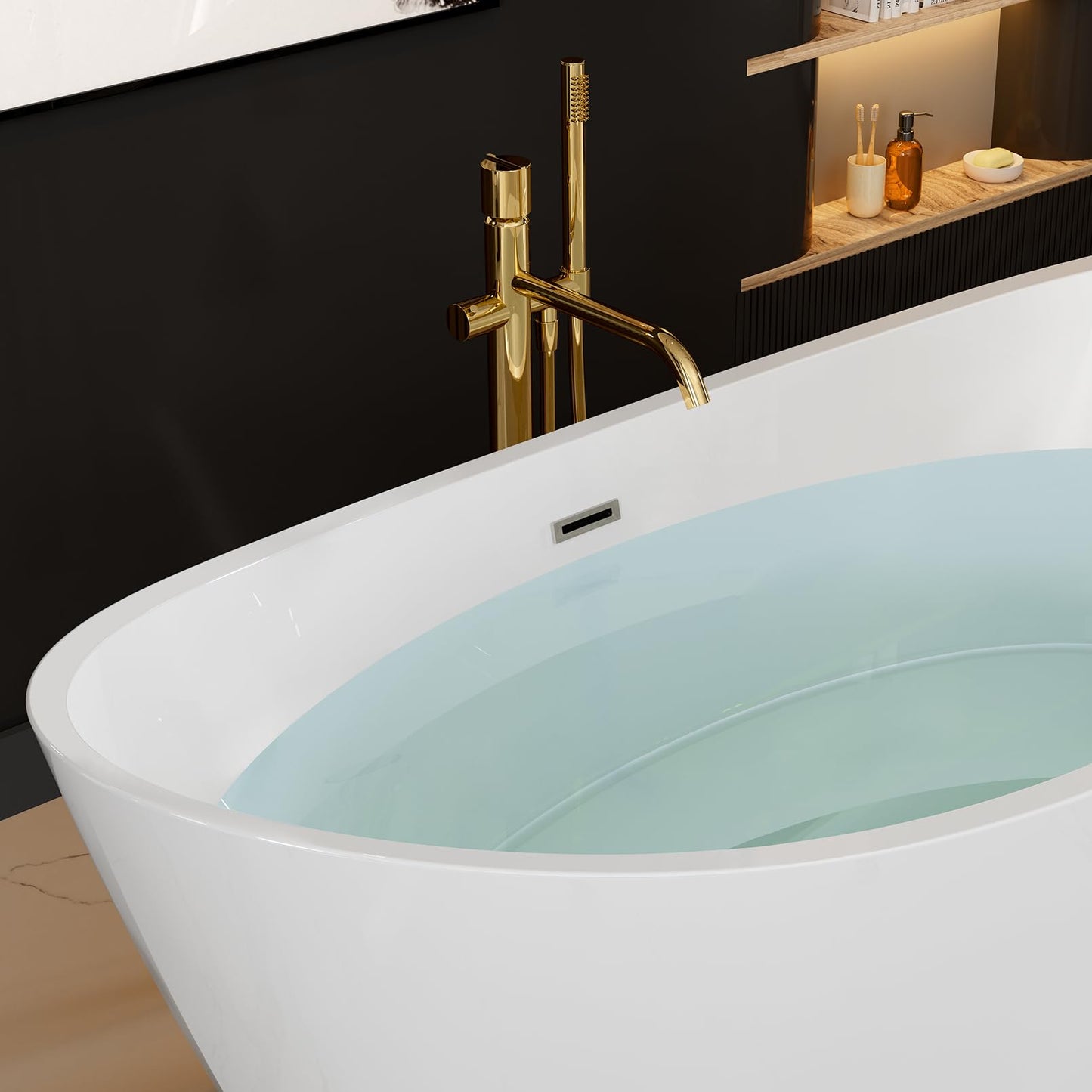 Empava 67" Luxury Freestanding Soaking Bathtub - Modern Oval Spa Tub for Deep Relaxation & Master Bathroom Sanctuary, High-Gloss Acrylic with Brushed Nickel Overflow and Drain, cUPC Certified
