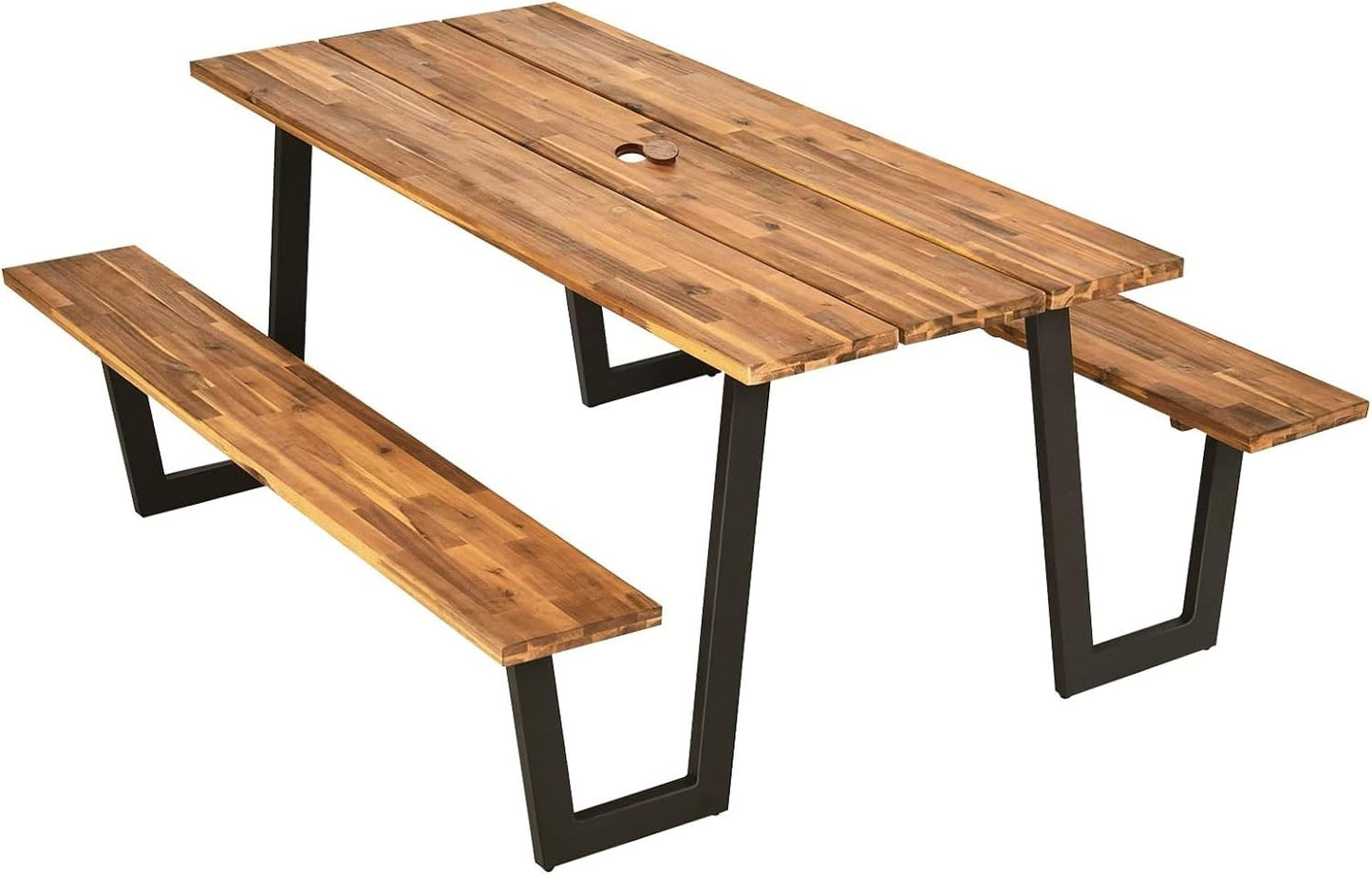 LDAILY Acacia Wood Picnic Table with Umbrella Hole, 70’’ x 30’’ Outdoor Picnic Tables with Benches for 6-8 Persons, 1600 LBS Max Load, Metal Frame & 2" Umbrella Hole, Party, Garden, Yard, Patio, Lawn