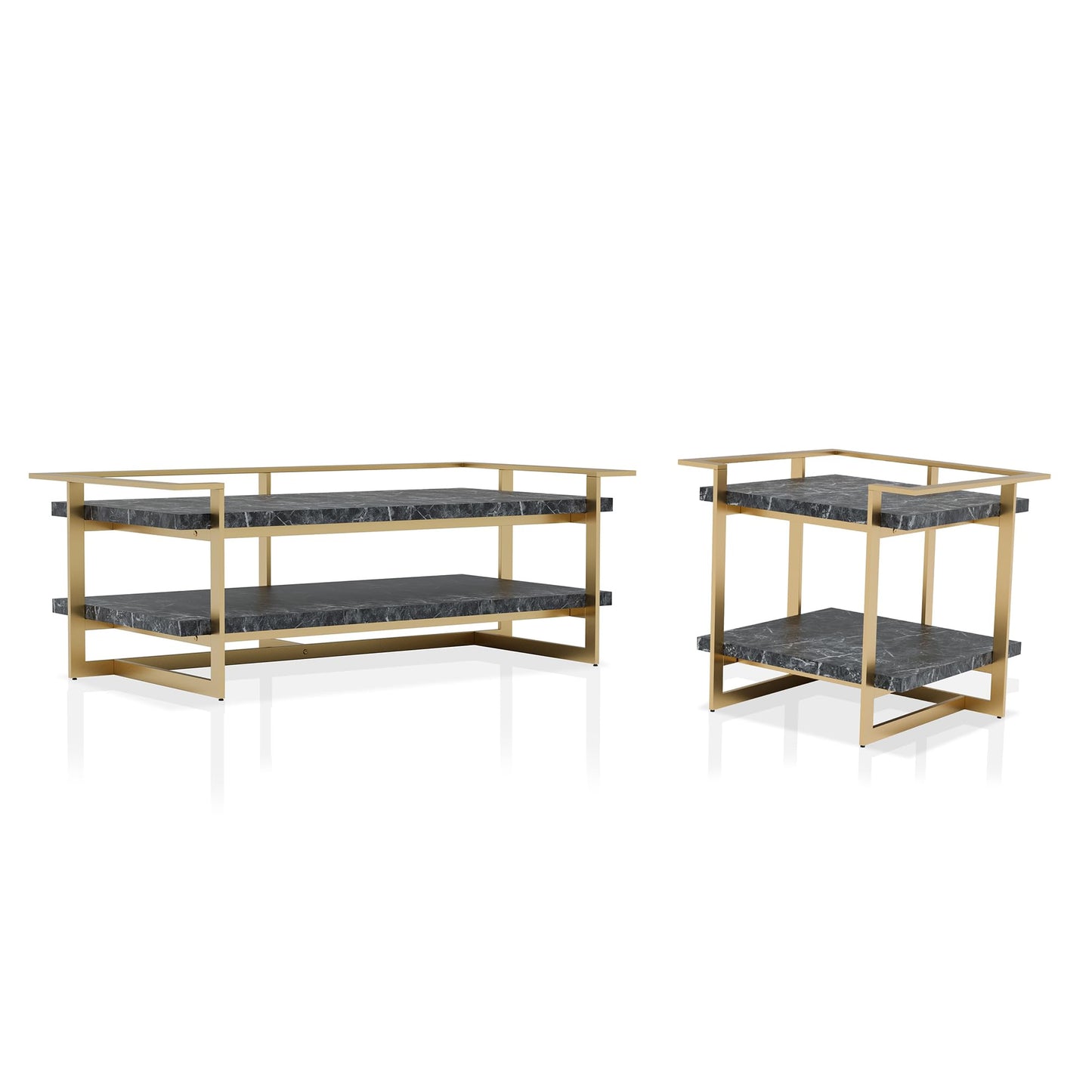 24/7 Shop at Home Daphne Modern Metal Faux Marble Top 2-Piece Coffee Table Set with Open Shelves for Living Room, Bedroom, Home Office, Gold and Black