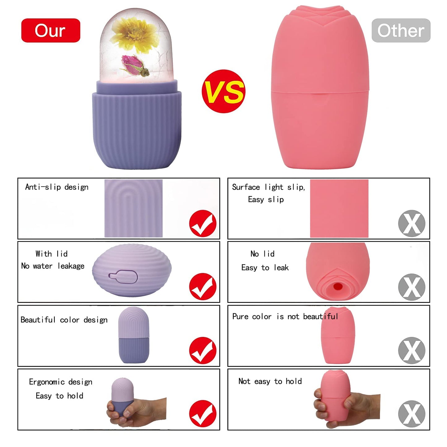 XHJRI Ice Cube Roller Massager for Face, Eyes and Neck Naturally Conditioning and Skin Care,De-Puff Eye Bags,Reduce Migraine Pain,Reusable Massage Silicone Ice Mold (Pink)