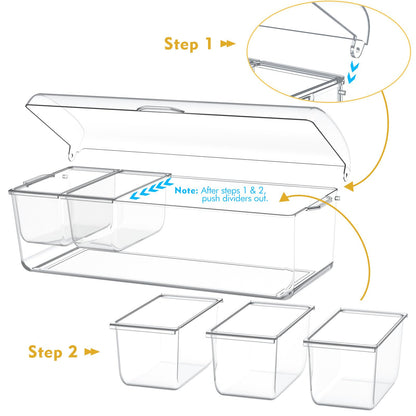 Condiment Tray with Stainless Steel 5 Spoons, 5 Forks and 1 Clip, Chilled Condiment Server, Condiment Server, Bar Garnish Holder on Ice, Bar Accessories Fruit and Salad with Removable Trays and Lid