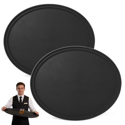 CURTA 2-Pack Restaurant Grade Non-Slip Tray, NSF, Oval 22-Inch x 27-Inch, Plastic Rubber Lined Round Serving Tray, Black