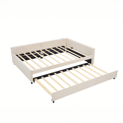 DNYN L-Shaped Corner Daybed with Pull-Out Trundle and Dual USB Ports for Bedroom/Guest Room, Velvet Bed Frame w/Wooden Slats Support and LED, Space-Saving & No Box Spring Needed, Beige