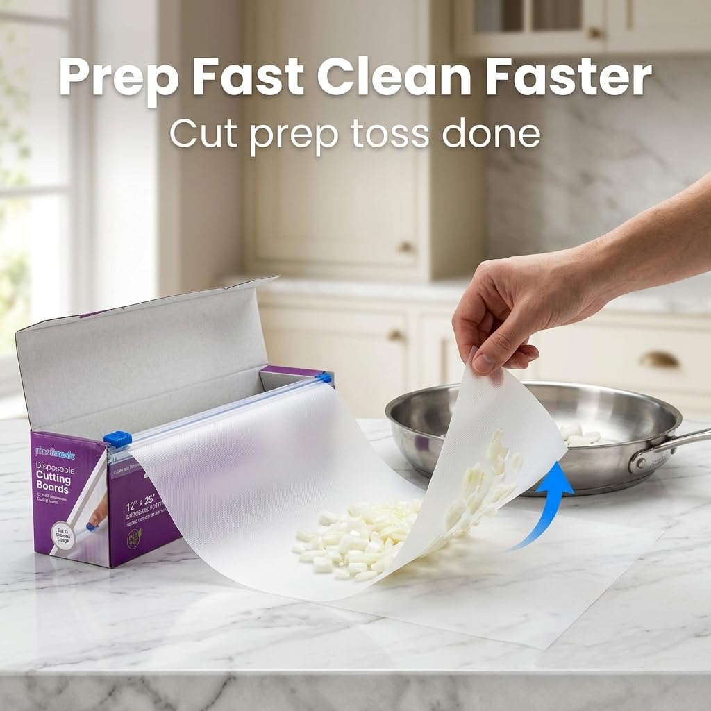 Plastimade Disposable Plastic Cutting Board | Easy To Use Flexible Cutting Board Sheets With Built In Sliding Cutter | For Thanksgiving Cooking Prep, Commercial, Traveling, Tailgating, Camping,