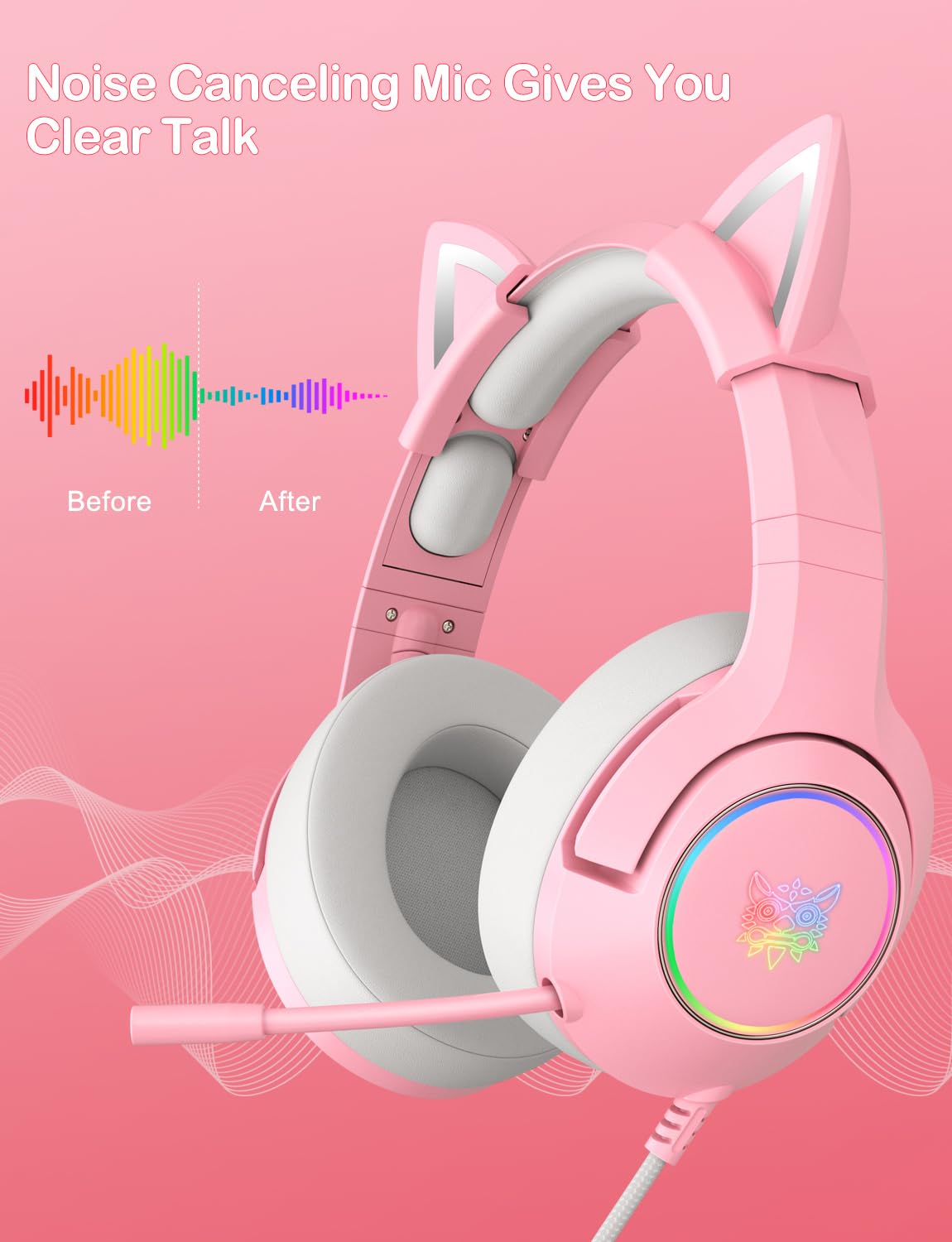PHNIXGAM Cat Ear Gaming Cute Headset, Wired Over-Ear Headphones with Retractable Microphone, Surround Sound, LED Backlight for PS4, PS5, PC, Mobile Phone (Light Pink)