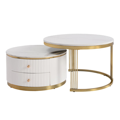 Merax 27.6'' Round Nesting Coffee Table, Modern with 2 Large Drawers Storage, Gold Finish End Tables for Living Room Apartment, Gold+White