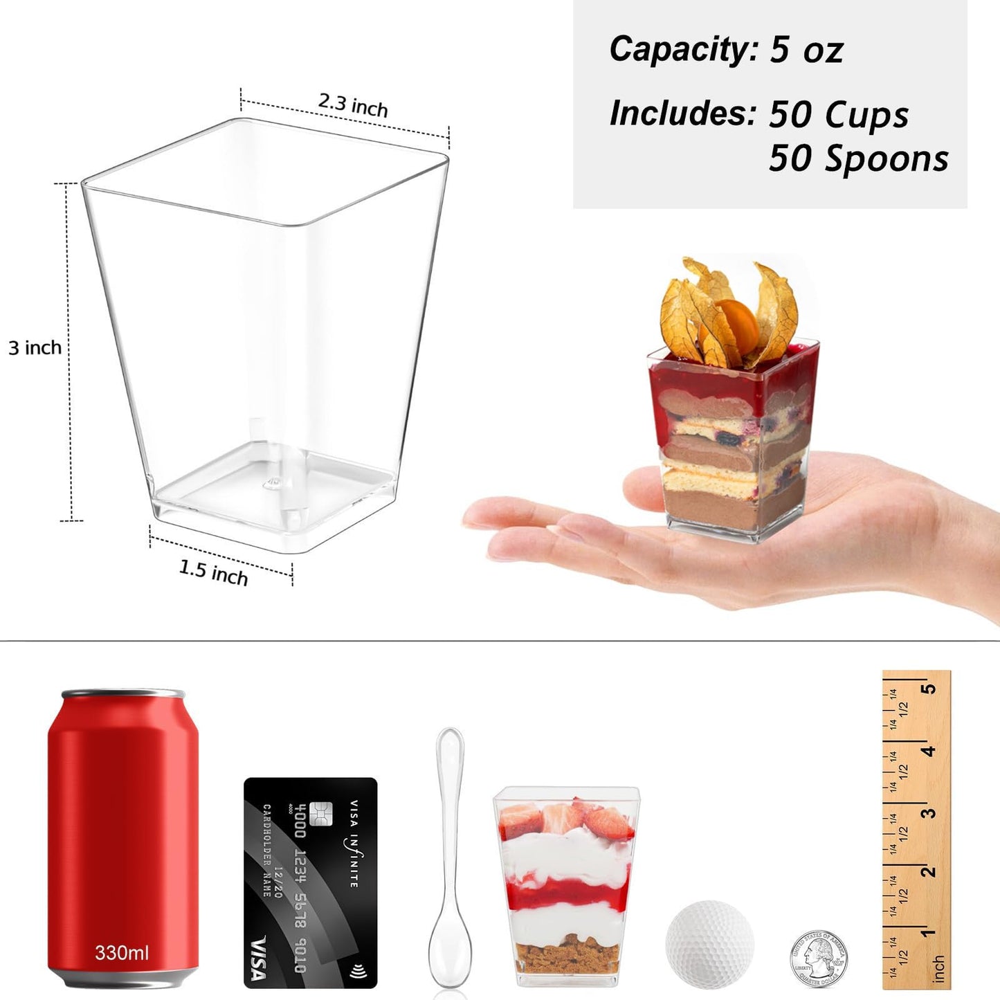 Zezzxu 5 oz Square Mini Dessert Cups with Spoons - 50 Pack Plastic Pudding & Parfait Cups Party Dessert Shooters for Serving Trifle Mousse Cake Appetizers
