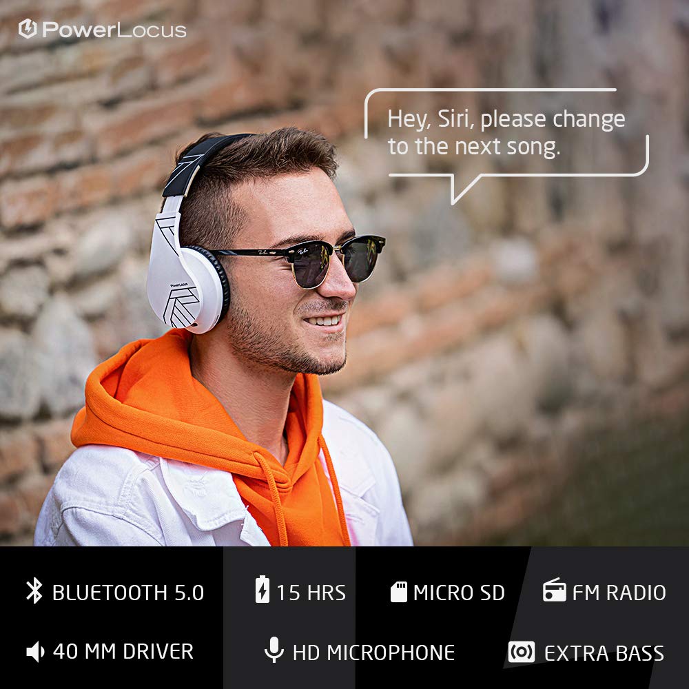 PowerLocus Bluetooth Over-Ear Headphones, Wireless Stereo Foldable Headphones Wireless and Wired Headsets with Built-in Mic, Micro SD/TF, FM for iPhone/Samsung/iPad/PC (Black/White)