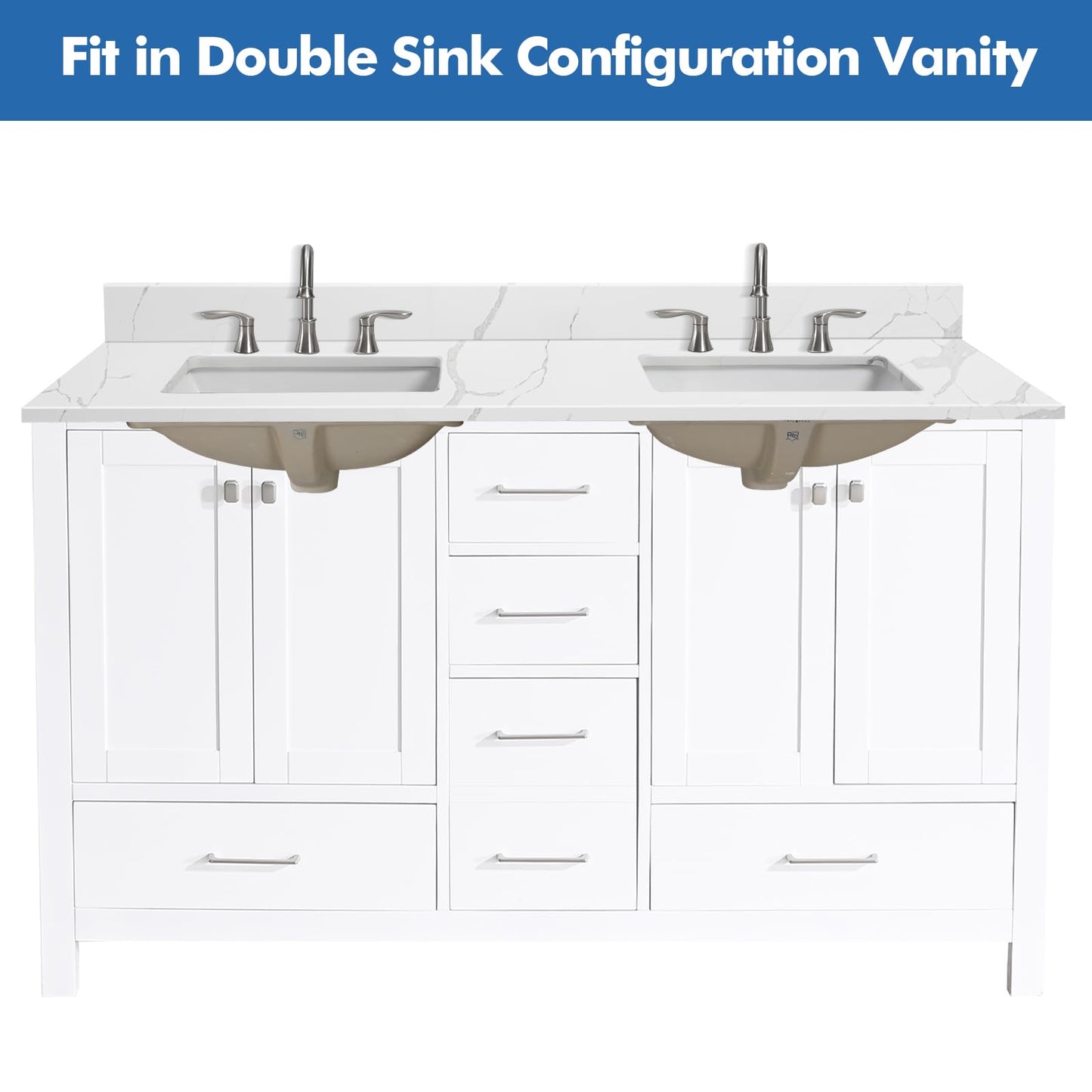 EQLOO 60 in.W x 22 in.D Quartz Calacatta River Vanity Top,with Undermount Double Sink Vanity Top,with Two Sidesplash & One Backsplash,8 Inch Faucet Hole Spread Bathroom Vanity Sink Countertop