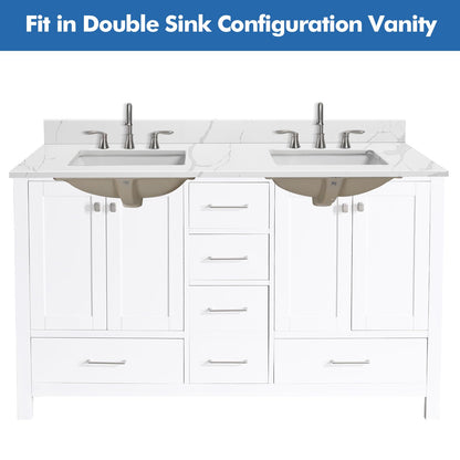 EQLOO 60 in.W x 22 in.D Quartz Calacatta River Vanity Top,with Undermount Double Sink Vanity Top,with Two Sidesplash & One Backsplash,8 Inch Faucet Hole Spread Bathroom Vanity Sink Countertop