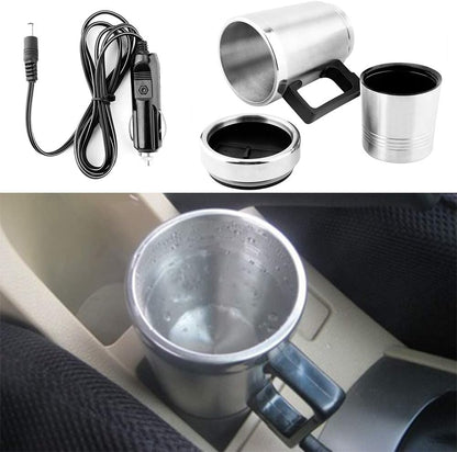 Car Heating Cup, 350ml + 150ml Stainless Steel Portable Hot Water Cup, Electric Quick Heating Bottle