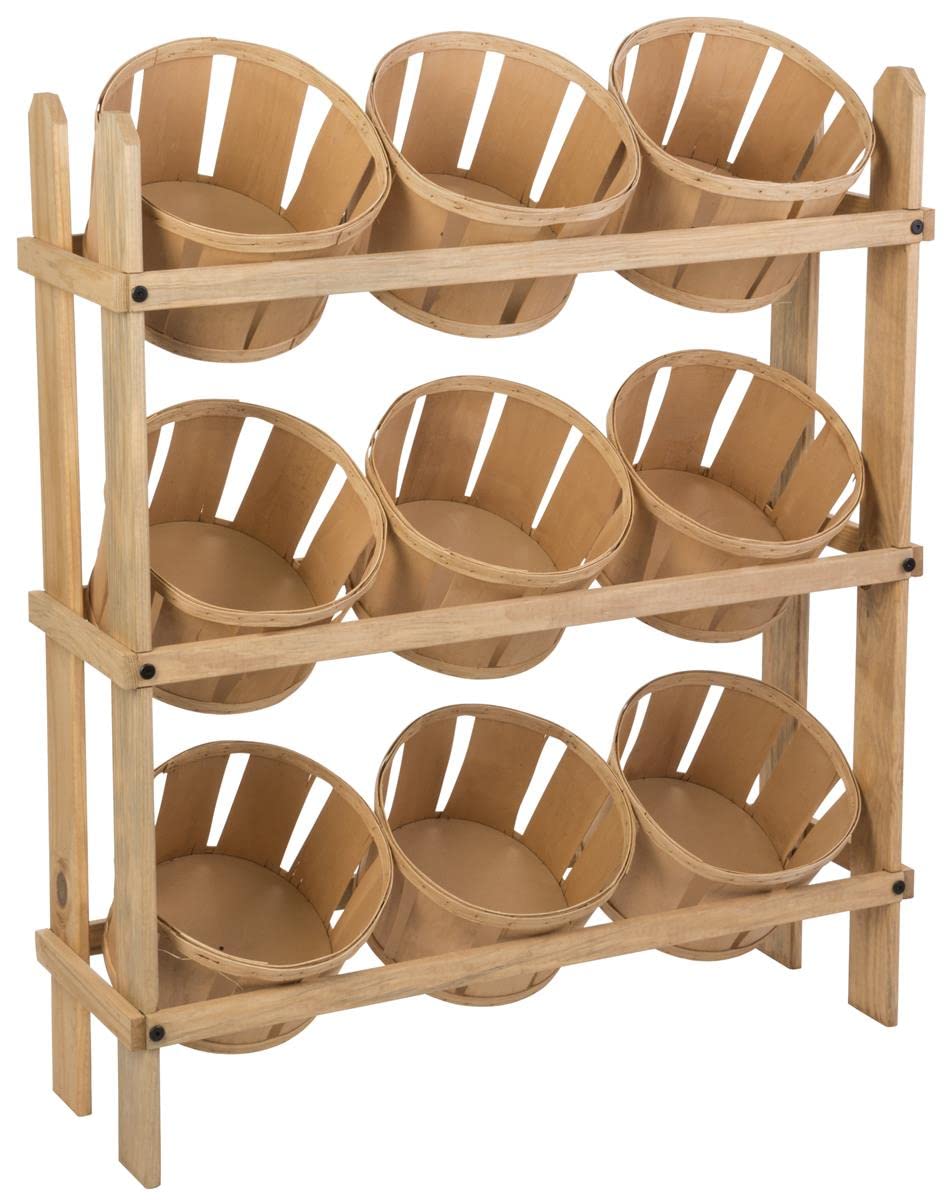 Displays2go Basket Display Stand, Tiered Wooden Floor Standing Retail Display with 9 Baskets for Stores & Vendor Events (PN9BKTOAK)