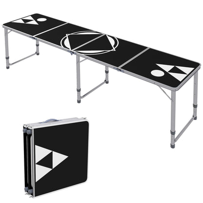 8ft Portable Beer Pong Table with Adjustable Legs, Folding Camping Table, Aluminum Picnic Table, for Party, Travel, BBQ, Beach, Black and White