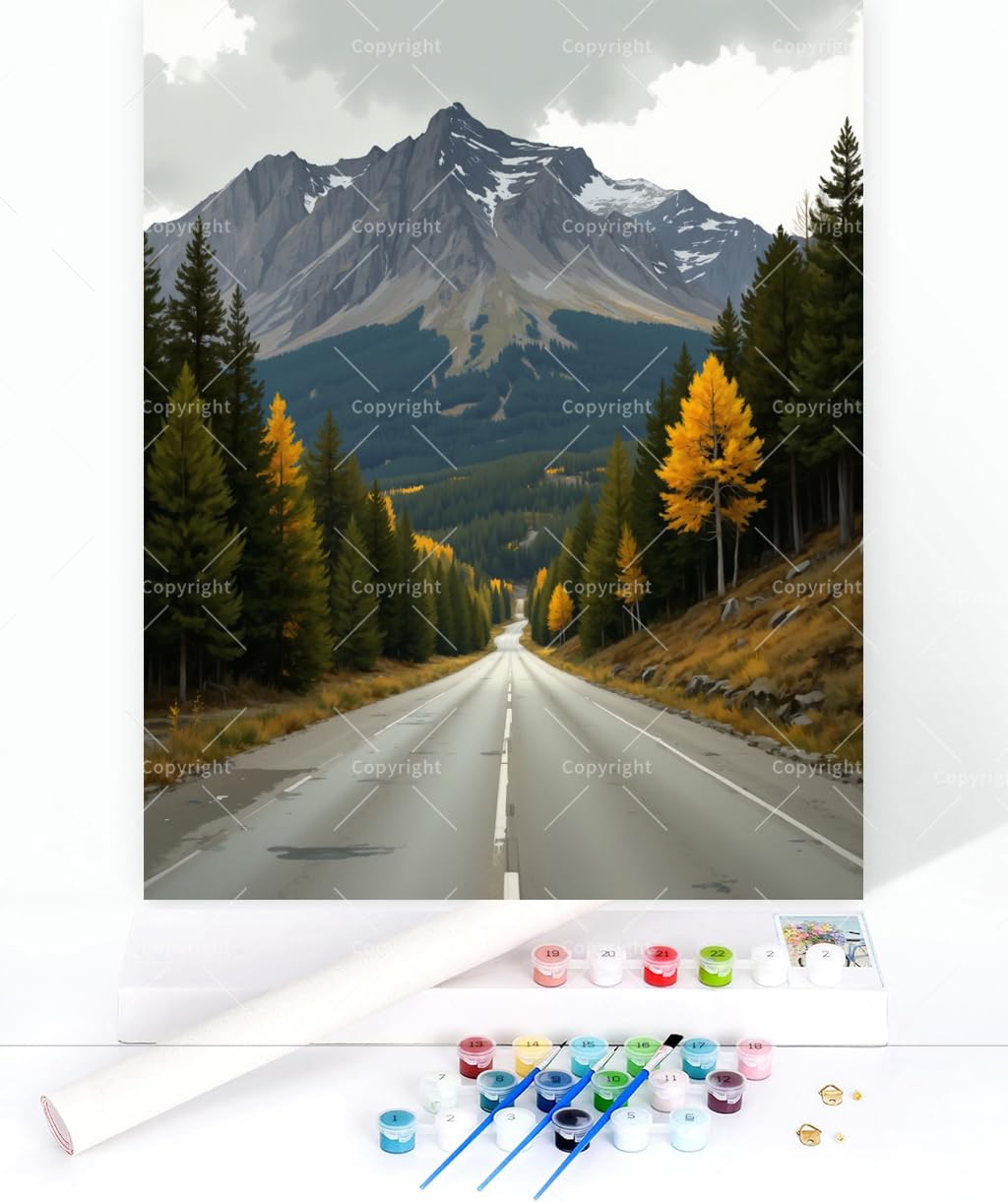 Scenic Drive Paint by Numbers Kit for Adults - DIY Mountain Road Through Autumn Forest Painting On Canvas, Acrylic Paint Set, Suitable for Beginners, Art for Home Decoration