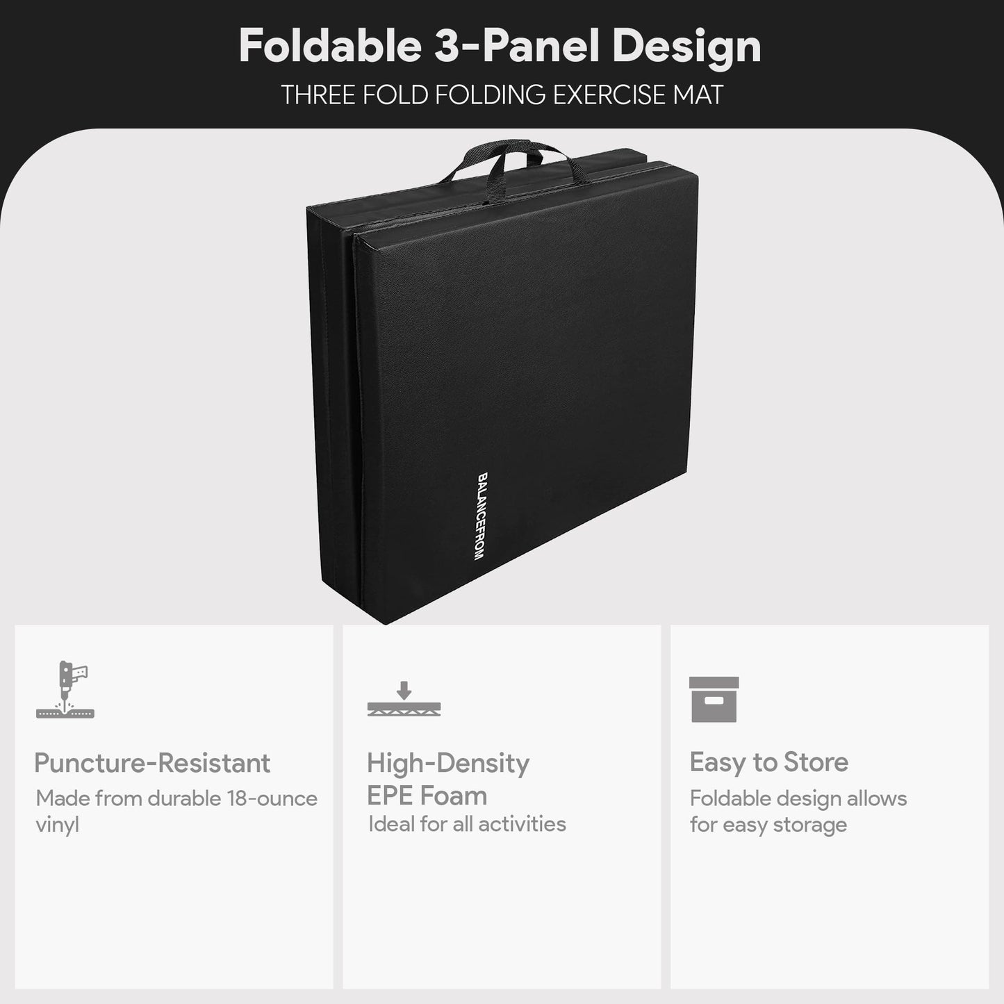 BalanceFrom 6x2 Feet 3-Panel Folding Gymnastics Mat – 1.5-Inch Thick Pad with Vinyl Surface and Carrying Handles for Tumbling, Yoga, Pilates, Home Workouts, and Martial Arts
