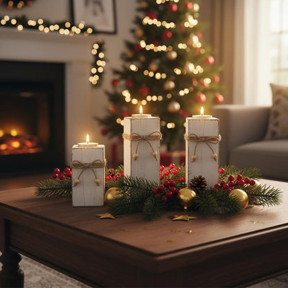 3 Piece Rustic Whitewashed Wooden Candle Holder Set Farmhouse Decor for Table Centerpiece Wedding Home Accent