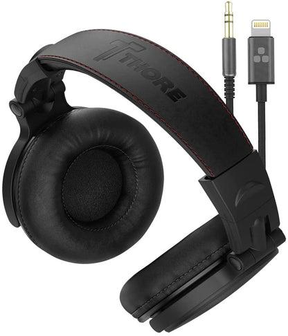 Thore Over-Ear iPhone Headphones with Lightning Connector – Closed Back Studio DJ Monitor Earphones w/Apple MFI Certified Cable (50mm Neodymium Drivers, V200 Black)