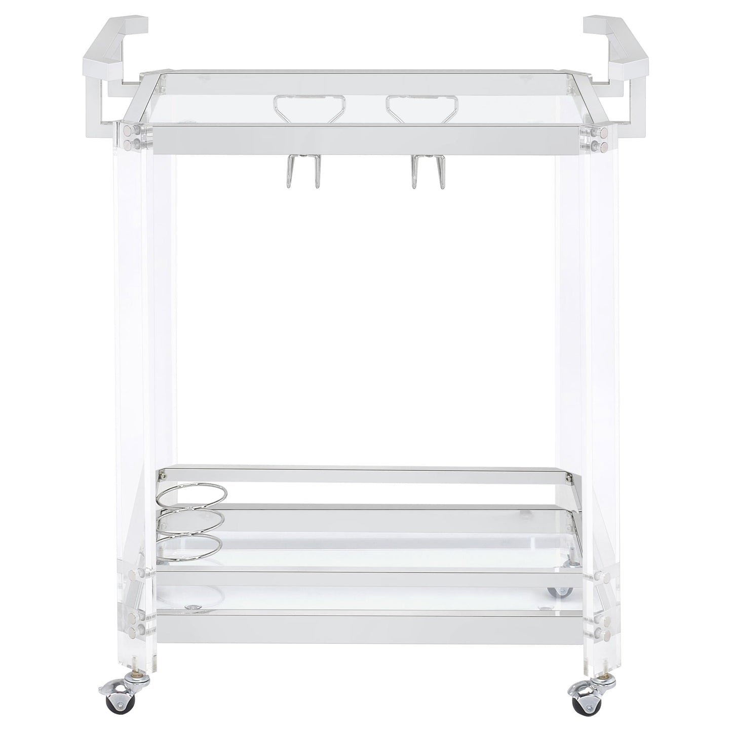 BOWERY HILL Bar Cart, Chrome Finish, Acrylic and Metal Frame with Glass Shelves, 35" H x 28.5" W x 17.25" D, Wine Bottle and Stemware Racks, Contemporary Style Serving Cart with Wheels