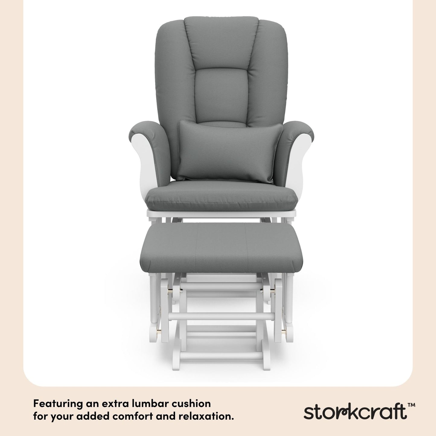 Storkcraft Tuscany Custom Glider and Ottoman with Free Lumbar Pillow (White/Grey) - Cleanable Upholstered Comfort Rocking Nursery Chair with Ottoman