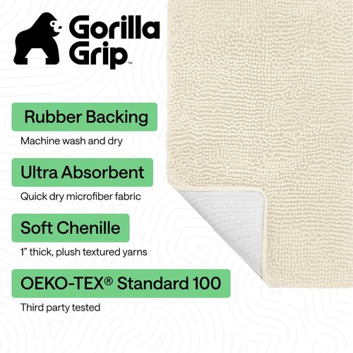 GORILLA GRIP Bath Rug Mat - Soft Absorbent Chenille with Quick Dry Microfiber | 24x17 Inches, Ivory
