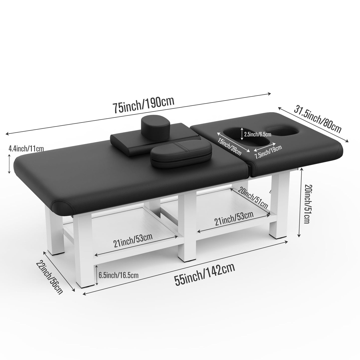 pouseayar Stationary Massage Table, 75”L 31.5''W Heavy Duty Esthetician Bed, 800LBS Metal Frame PU Leather Physical Therapy Table Spa Lash Bed Professional Equipment (Black)