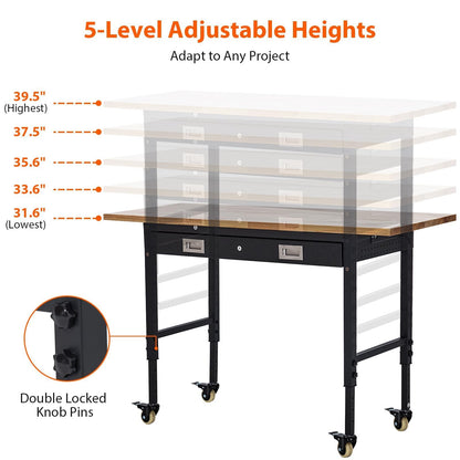 Adjustable Workbench for Garage, 48" Heavy Duty Rolling Work Bench with Power Outlet & Storage Drawer, 2000 LBS Capacity Solid Wood Top Shop Table for Workshop Home Office