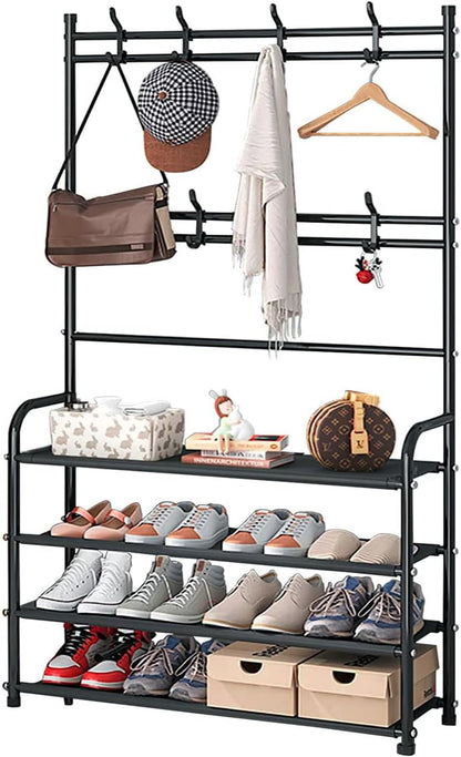 8 Closet 4 Shoe Rack Shoe Storage Shelf Freestanding with Hooks for Entryway Bedroom Tier, Black