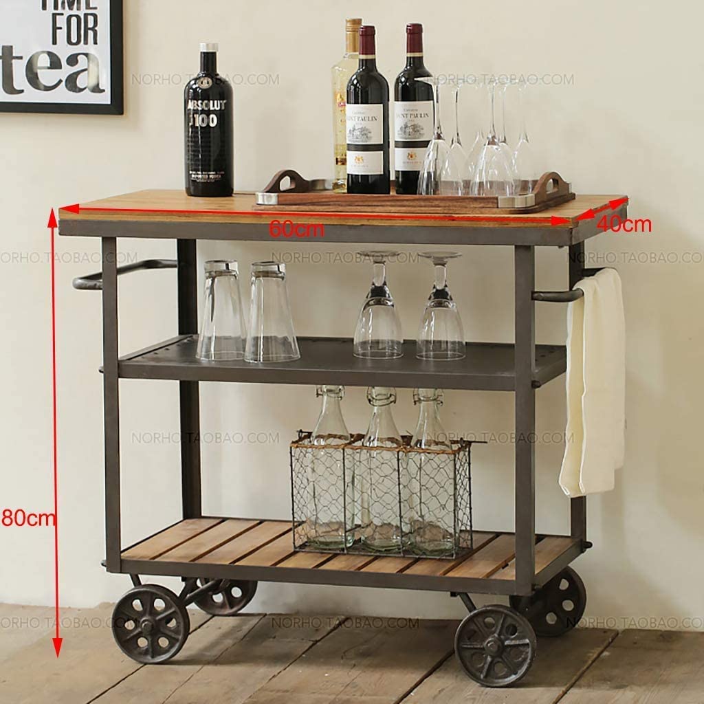 Serving Cart - Vintage Style 3-Tier Metal and Wood Rolling Trolley with Locking Wheels for Restaurants and Home Use