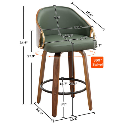 YOUUGIOR 24.8" Swivel Counter Height Bar Stools Set of 3,Green Leather Barstools Mid Century Modern Bar Chairs with Wood Legs and Golden Arms for Kitchen Dining Pub Cafe