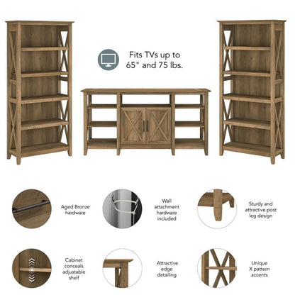 Bush Furniture Key West Tall TV Stand with Set of 2 Bookcases, Farmhouse Entertainment Center for 65 Inch Television, 17D x 60W x 66H, Reclaimed Pine