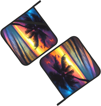 Potholders, Sunset Coconut Palm Tree on Beach, Blue Ocean Baking Pot Holder, 2-Piece Set