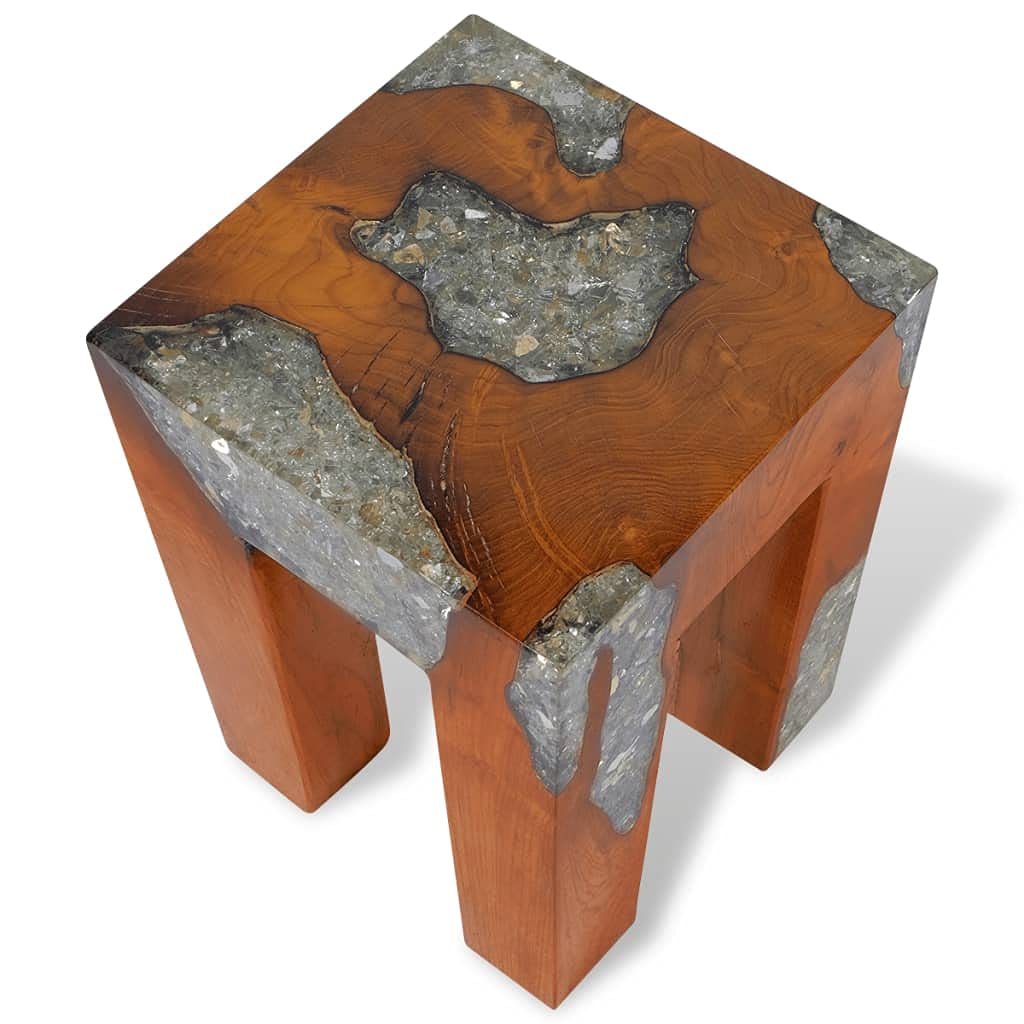 GOLINPEILO Unique Stool Solid Teak Wood and Resin 11.8" x 11.8" x 15.7", Fully Handmade Wooden Bench Solid Wood Dining Bench Rustic Home Décor Furniture, Rustic Wooden Entryway Bench(Style A)
