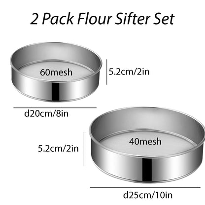 2 Pack Flour Sifter,Stainless Steel Fine Mesh Strainers Flour Sieve,8 Inch 60 Mesh and 10 Inch 40 Mesh for Baking Cake Bread (8"/60 mesh and 10"/40 mesh)