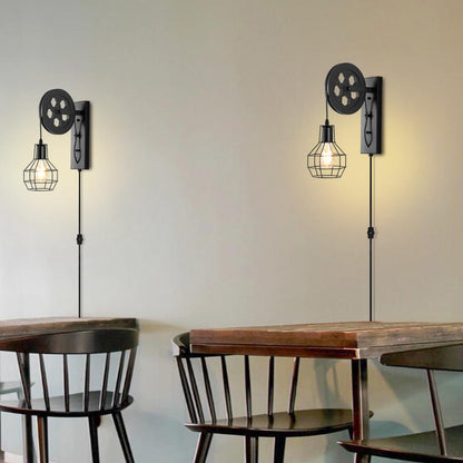 BAODEN Plug in Wall Sconce Rustic Wall Light Lift Pulley Matte Iron Cage Shade Metal Black Industrial Mid Century Wall Lamp Indoor Lighting Barn Restaurant